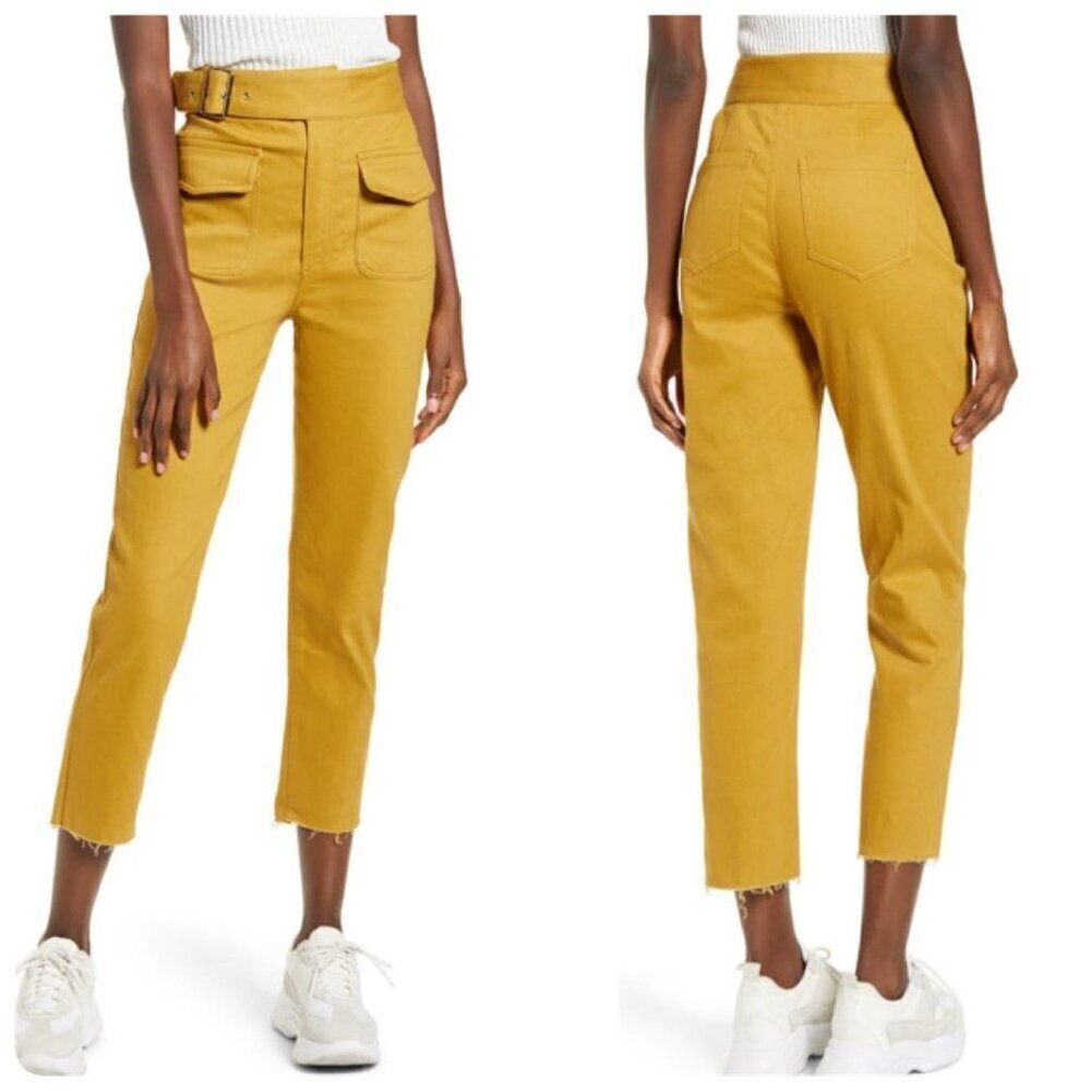 J.O.A Mustard Yellow Utility Pants High Waist Belted Cargo Cropped Straight Leg